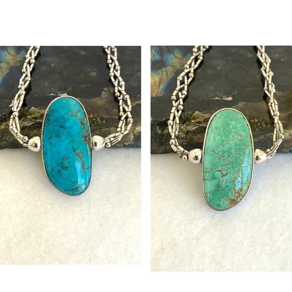 Sterling Silver 925 SWS Reversible Green Blue Turquoise Braided Chain Necklace - Picture 3 of 16